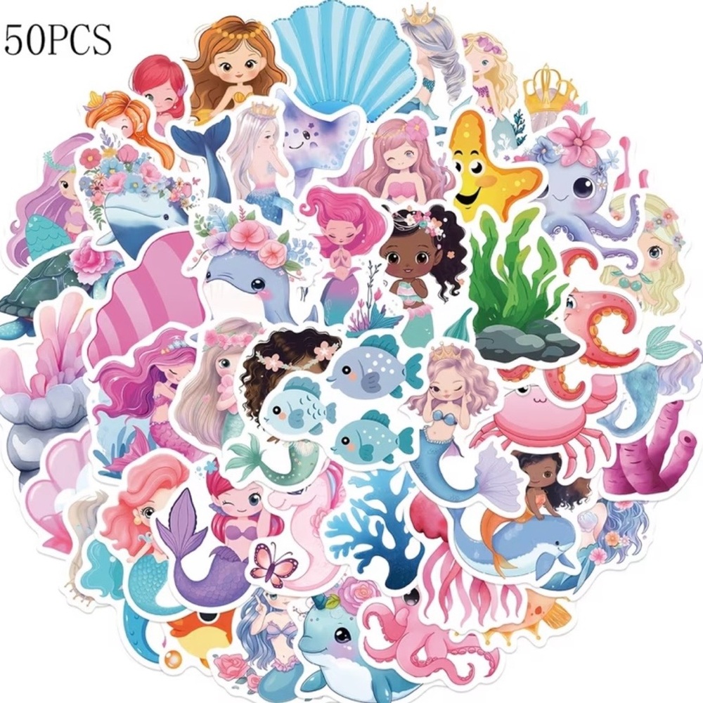 Cute Mermaid & Sea Friends 50 Stickers Fish Shells Pastel Pink, Blue, Purple